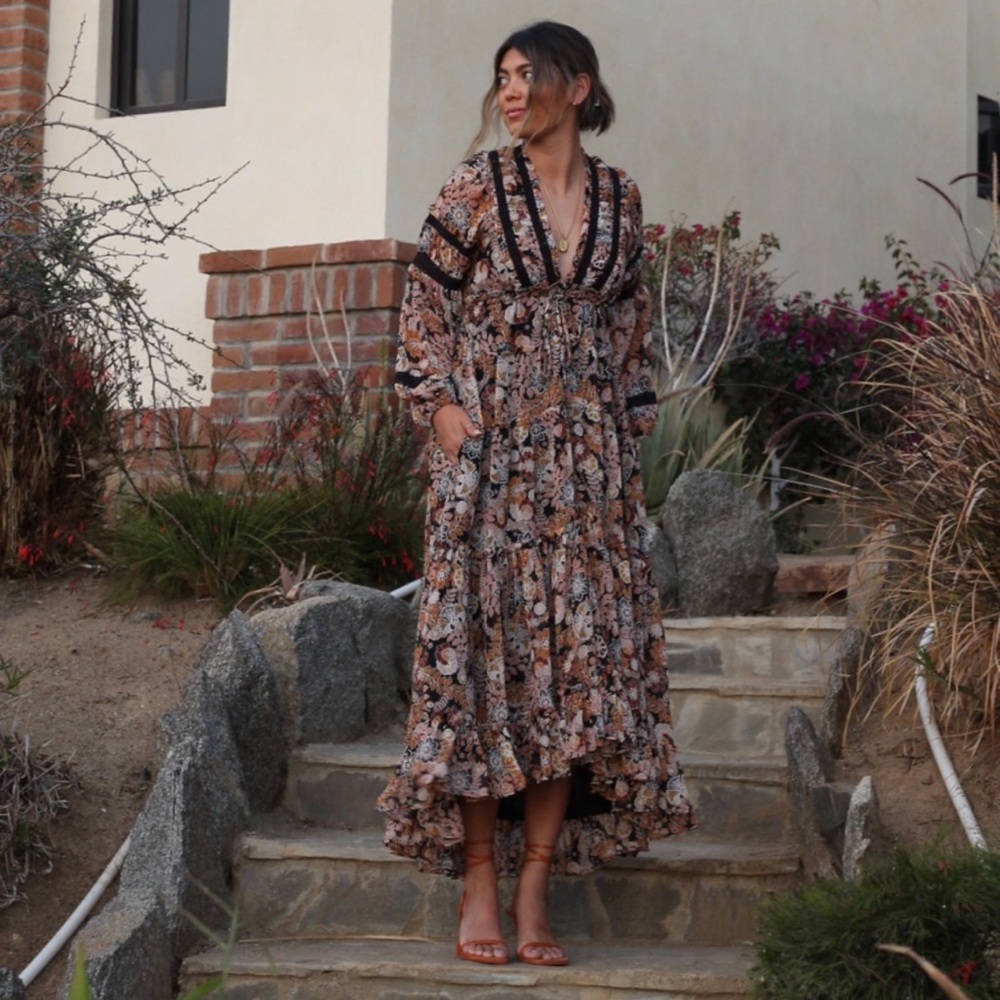 Free People Floral Maxi Dress in Brown, Black, Cream - Picture 3 of 7